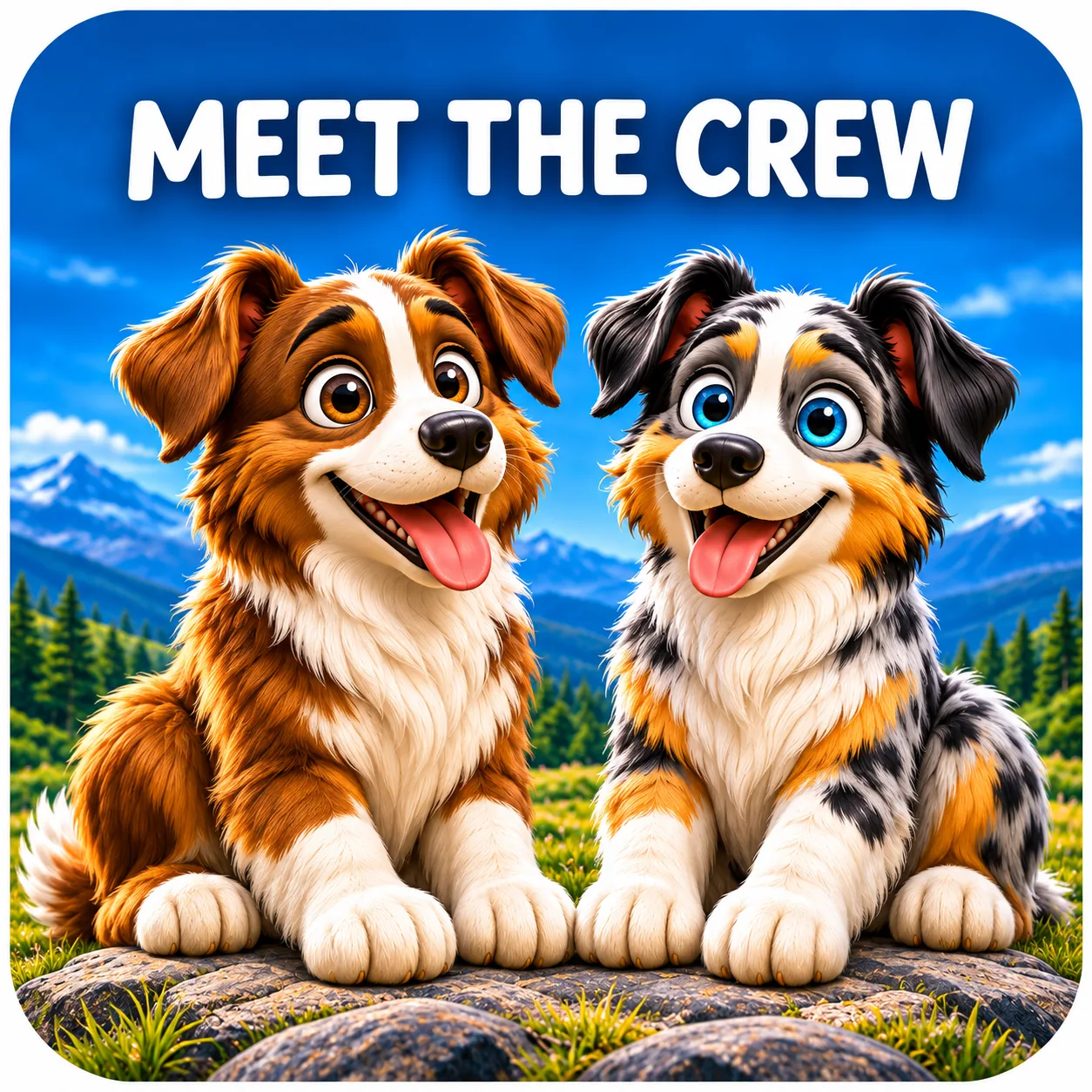 Buddy and Malley smiling in front of snowy mountains. Meet the Crew.