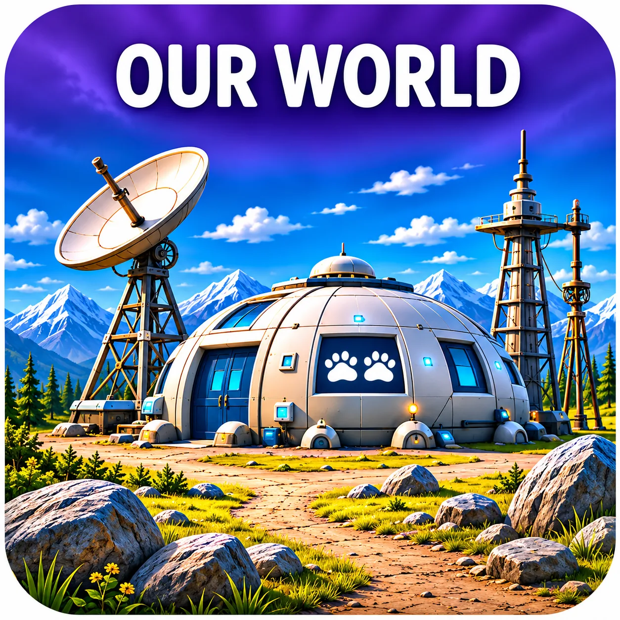 A mountain base station with a satellite dish and radio towers. Our World.