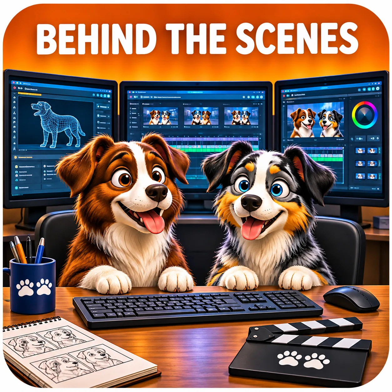Buddy and Malley at a video editing desk. Behind the Scenes.