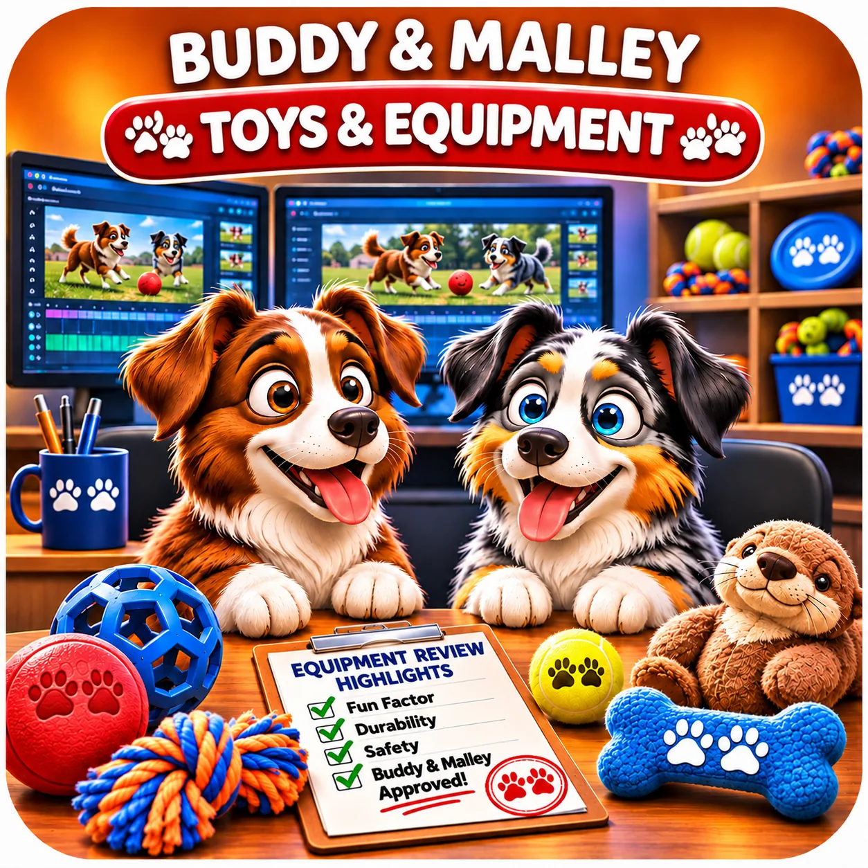 Buddy and Malley at a desk with toys and gear on the shelves behind them. Toys and Equipment.
