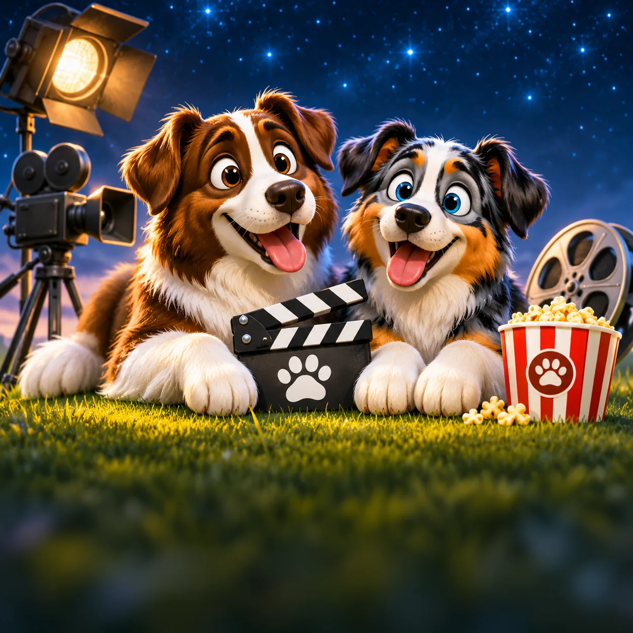 Buddy and Malley on the grass with a clapperboard, popcorn, and a movie camera under the stars.