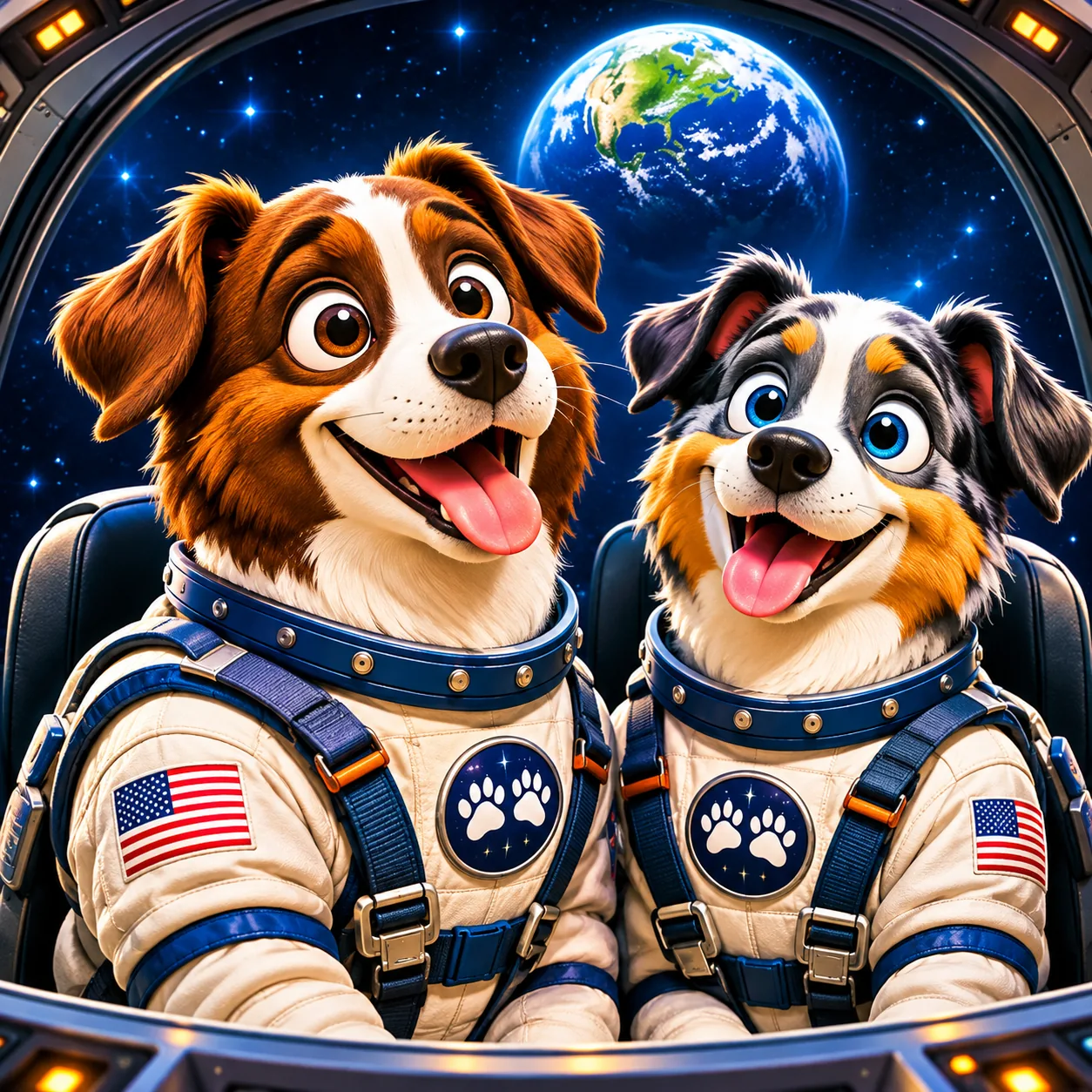 Buddy and Malley in spacesuits inside the spacecraft, with Earth outside the window.