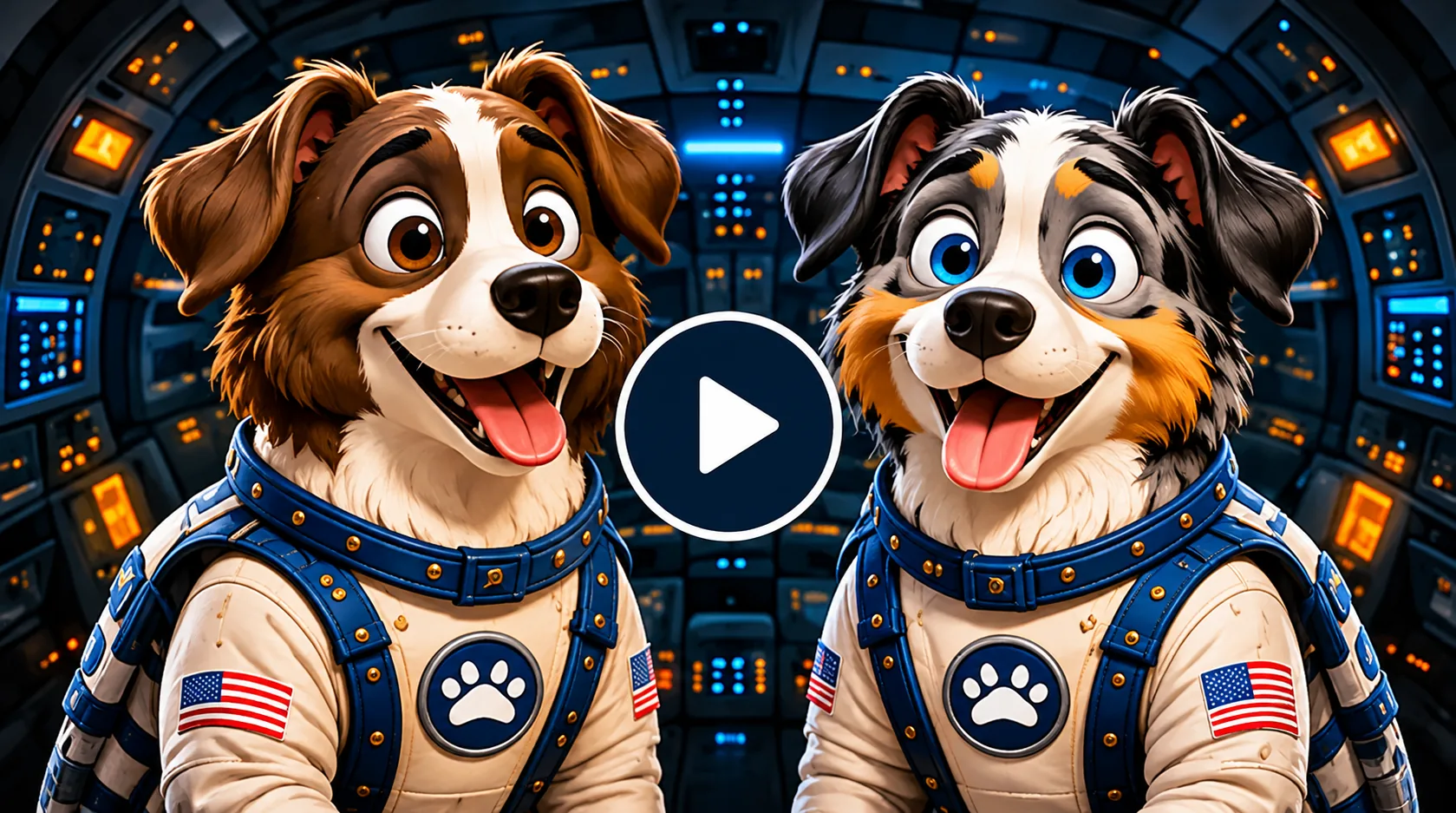 Play the latest episode. Buddy and Malley in their flight suits inside the moon ship.